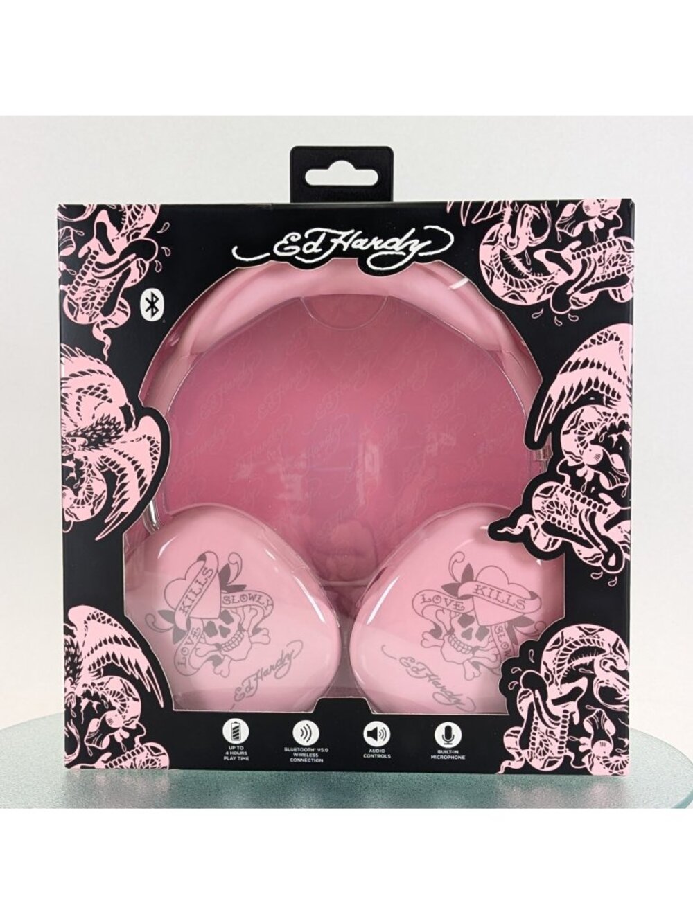 Ed Hardy Wireless Headphones Bluetooth Pink Skull Tattoo Love Kills Slowly NEW